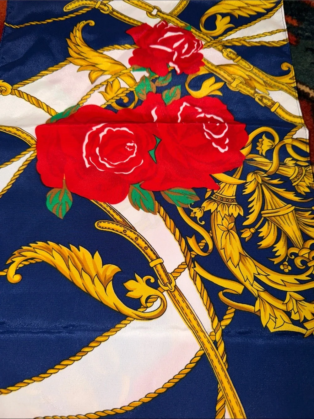 Vintage 80s/90s Baroque Maximalist Silk Scarf Royal Blue Gold Chain Red Roses